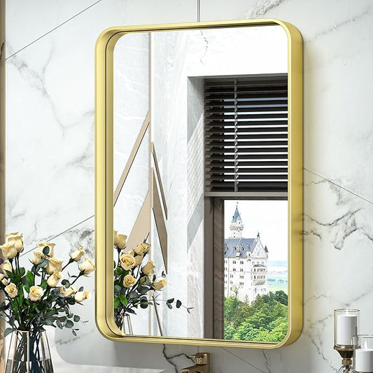 TokeShimi 16x24 Gold Bathroom Wall Mirror Vanity Metal Frame Round Corner Rectangular for Home Decor Living Room Entryway (Horizontal/Vertical)
