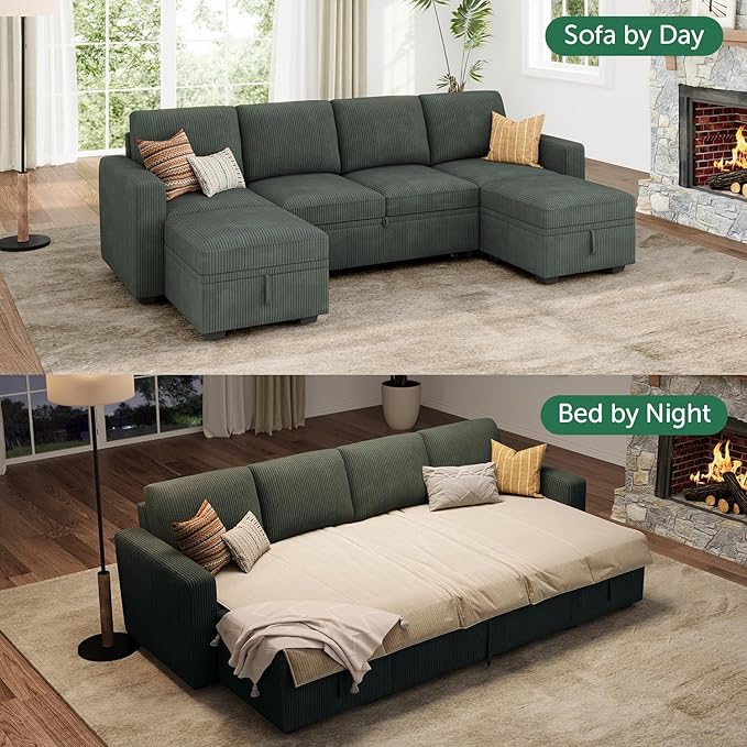 HONBAY Modular Sectional Sleeper Sofa Bed, Corduroy Pull Out Couch with Storage Ottoman, U Shaped Sectional Couches for Living Room, Green