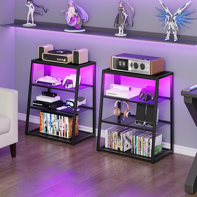 HOOBRO 4-Tier AV Media Stand with Charging Station and LED Light, Wooden Stereo Cabinet, Corner TV Stand, Rack Audio Tower, Corner Entertainment Center, Black BB107UDCJ01