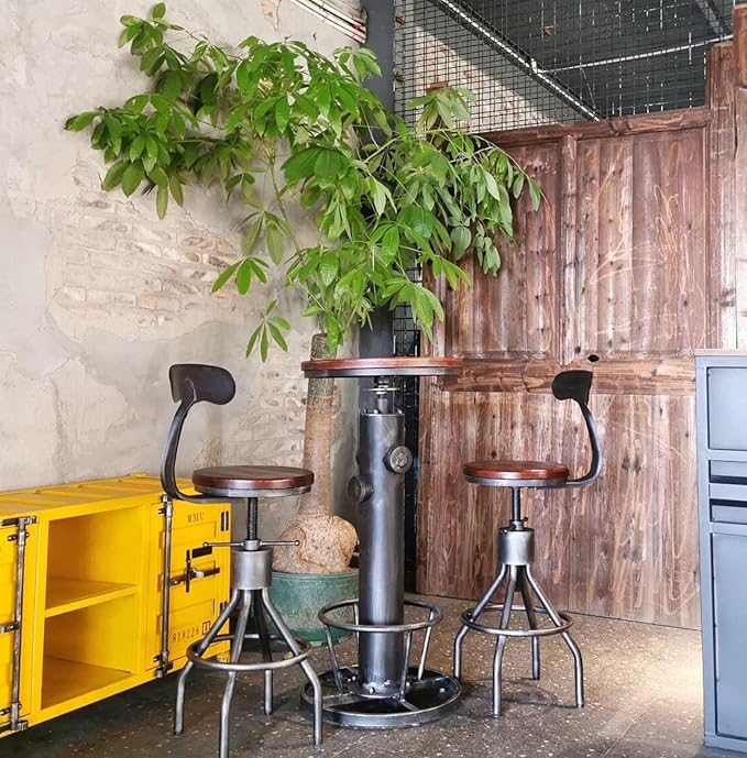 LOKKHAN Set of 2 Rustic Industrial Bar Stool-24-30 Adjustable Metal Swivel Wooden Top Barstools-Counter Height Extra Tall Bar Height-Vintage Farmhouse Kitchen Breakfast Cafe Stool-with Backrest