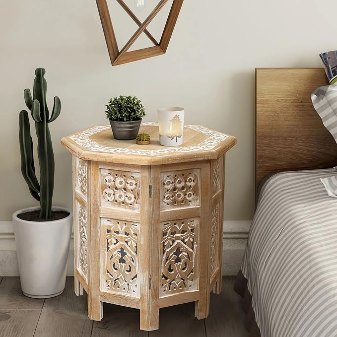 The Wooden Town Side Tables– Hand Carved Vintage Boho Folding End Tables for Living Room, Entryway, Living Room, Bedroom – No Tools Assembly, 18"x18" Octagon, White wash Finish