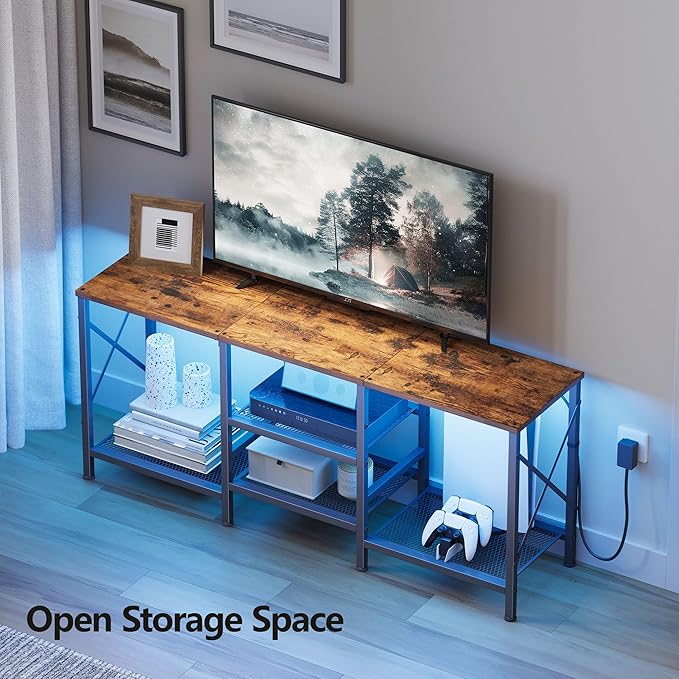 TV Stand with LED Lights for 55 Inch TV, Entertainment Center with 3-Tier Open Shelves, TV Console Table for Living Room, Bedroom, Rustic Brown