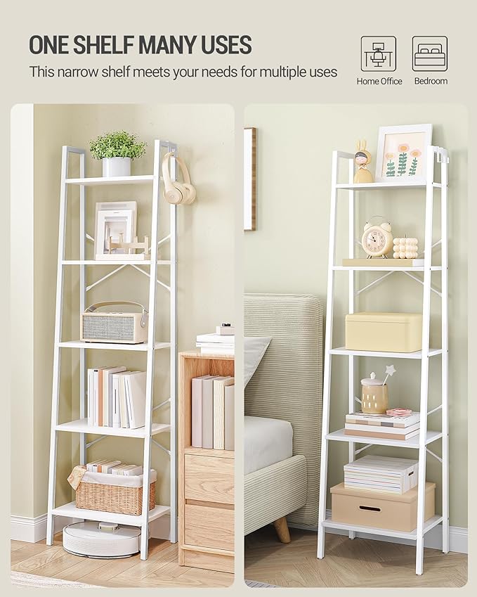 Ladder Shelf, Bookshelf Bookcase, Freestanding Corner Storage Shelve with 2 Hooks for Home Office, Living Room, Kitchen, Bedroom, Industrial, 5-Tier White BC19213W