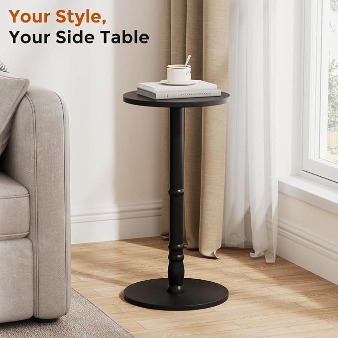 Round Side Table, Solid Wood Pillar with Wood Top & Base, Small Drink Accent Table for Living Room, Bedroom, Sofa & Office, Easy Assembly, Black