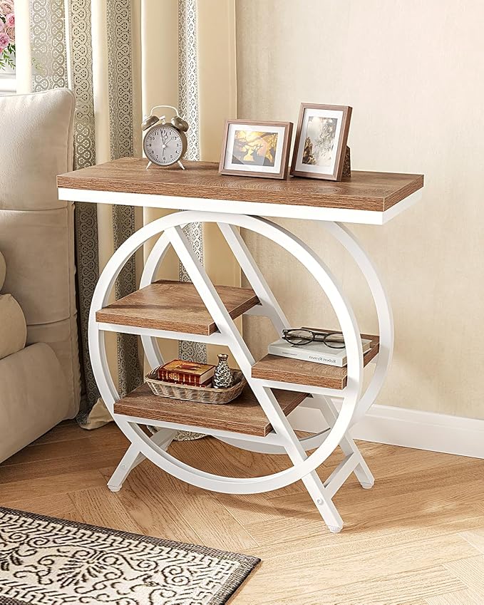 LITTLE TREE End Table, Narrow Side Table with 4-Tier Large Storage Space, Modern Bedside Table for Living Room, Home Office, Bedroom, Brown and White