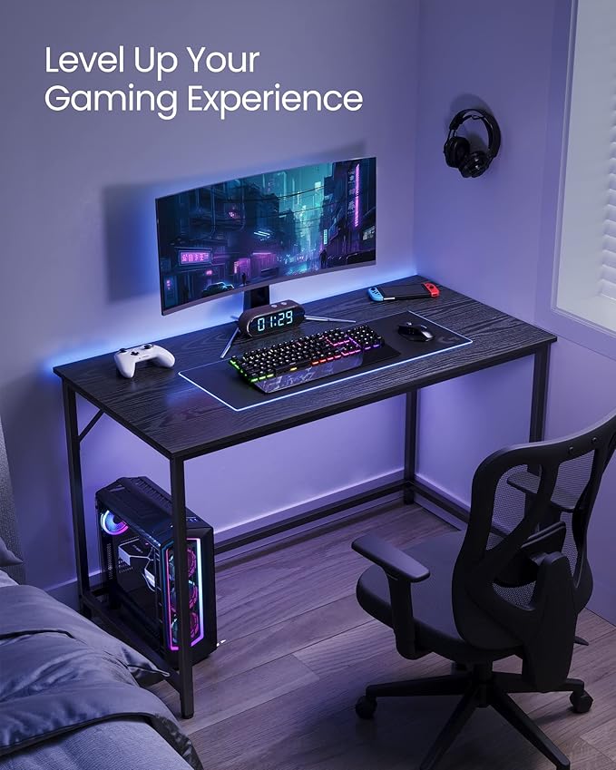VASAGLE Computer Desk, Gaming Desk, Home Office Desk, for Small Spaces, 23.6 x 47.2 x 29.9 Inches, Industrial Style, Metal Frame, Black with Wood Grain ULWD039B56