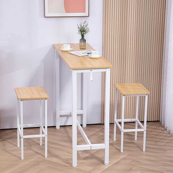 Finnhomy 47" Industrial Bar Table Set with 2 Stools - Counter Height Dining & Pub Table for Small Spaces, Kitchen, Apartment, Breakfast - Metal & Wood, Space-Saving Furniture - Oak Beige and White