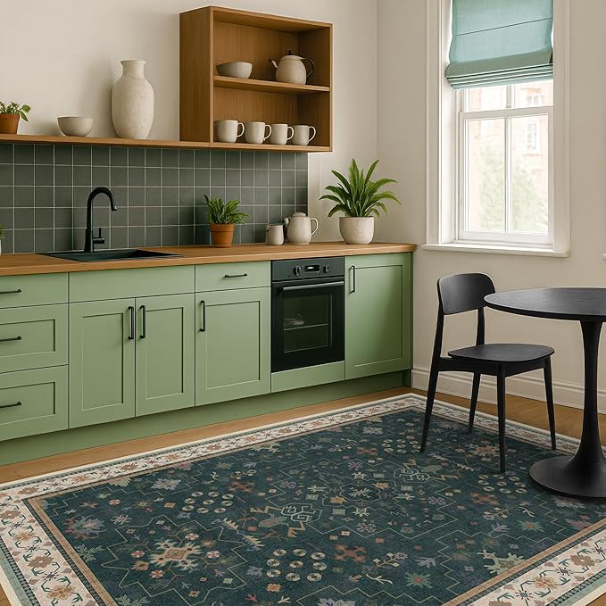 Vintage Dark Green 7x9 Dining Room Rugs for Under Kitchen Table - Washable Livinig Room Rug - Unique Floral Pastel Low Pile Non-Slip Area Rugs for Bedroom