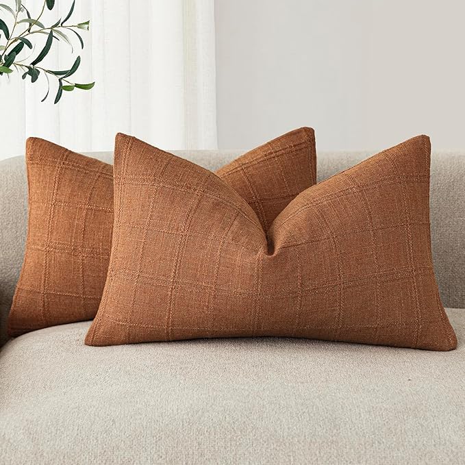Foindtower Set of 2 Decorative Linen Check Throw Pillow Covers Neutral Farmhouse Lumbar Cushion Covers Modern Boho Home Decor for Sofa Chair Couch Bedroom Living Room Outdoor,12×20 Inch,Orange