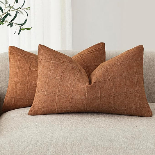 Foindtower Set of 2 Decorative Linen Check Throw Pillow Covers Neutral Farmhouse Lumbar Cushion Covers Modern Boho Home Decor for Sofa Chair Couch Bedroom Living Room Outdoor,12×20 Inch,Orange