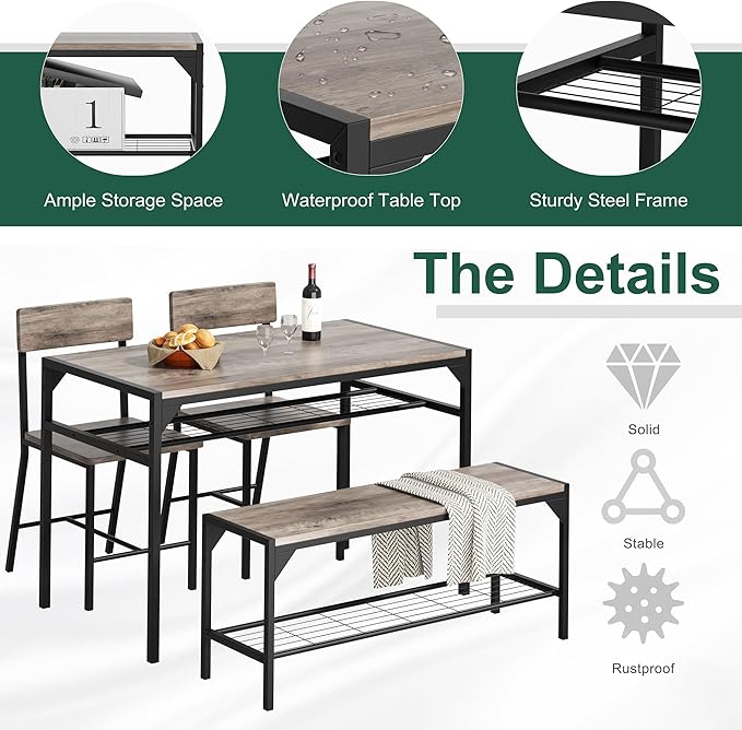 Shintenchi Kitchen Table Chairs Set of 4, Dining Table Set for 4 with Bench and Chairs, 4 Pieces Kitchen Table Set with Storage Rack & Metal Frame for Small Space, Gray