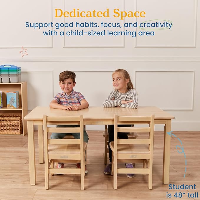 ECR4Kids 24in x 48in Rectangular Hardwood Table and Chair Set, 12in Seat Height, Kids Furniture, Antique White