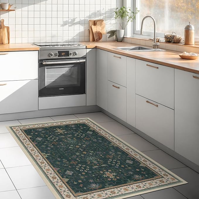Dark Green Oushak 3x5 Large Entryway Rug - Modern Vintage Boho Eclectic Floral Pastel, Washable Low Pile Non-Slip Area Rugs for Door Mat Indoor Entrance, Kitchen, Bedroom Beside Bed, Laundry