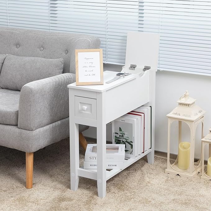 White End Table with Movable Top and Charging Station, Narrow Side Table with Storage Cabinet and USB, Sofa Table for Living Room Bedroom,White Side Table with Charger