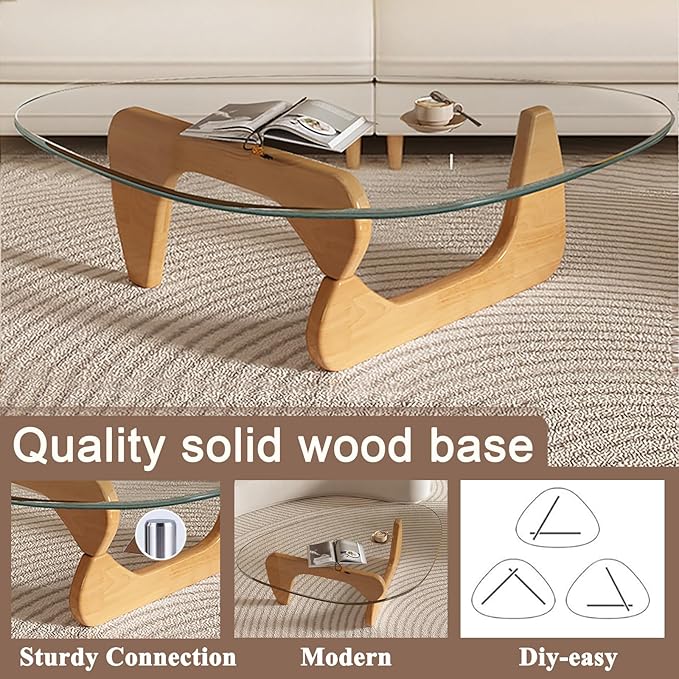 Mid Century Modern Glass Coffee Table, Small Coffee Table for Living Room, Elegant and Functional Coffee Tables, Suitable for Bedroom Living Room Reception Office Tables（Wood/Transparent，Medium）