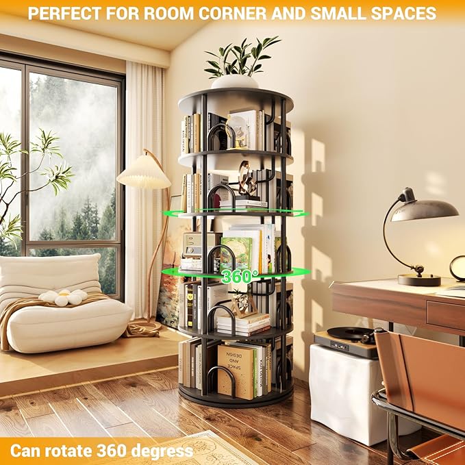 Aheaplus 5 Tier Rotating Bookshelf Tower, 360 Display Spinning Bookcase, Revolving Round Book Shelf Narrow Swivel Bookshelf, Vertical Turning Spiral Corner Book Organizer for Small Space, Black