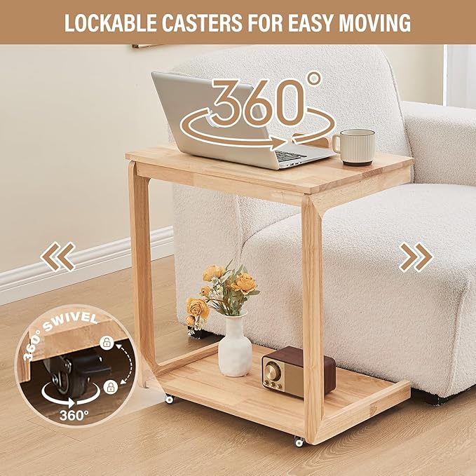 CozyDH Adjustable C Shaped End Table, Solid Wood Rolling Side Table, TV Sofa Tray Table for Couch Arm Eating Multi-Purpose, Small Coffee Table with Wheels Living Room Bedroom, Natural