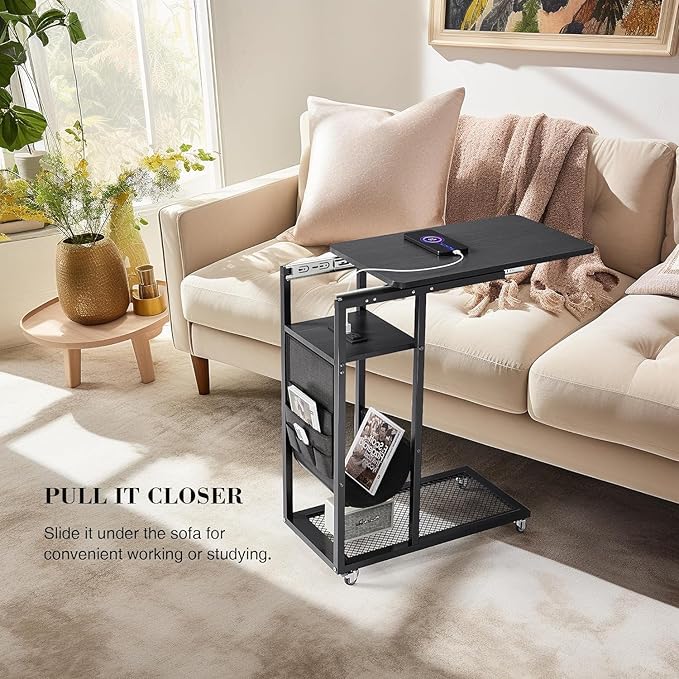 Colima C Shaped End Table with Charging Station (Black, Extra Large)