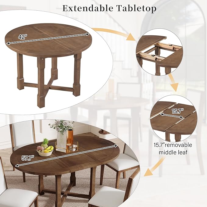Merax 5-Piece Extendable Dining Table and 4 Upholstered Chairs, Round Oval Dining Table Set for 4, Wood MDF Kitchen Table Set with Removable Leaf for Dining Room, 42" to 58" (Brown)
