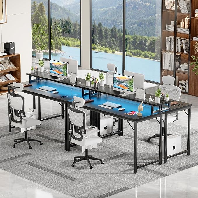 47 inch Computer Desk with Power Outlets, Gaming Desk with LED Lights, Home Office Work Desk with Monitor Shelf, Modern Office Desk Study Writing Table for Small Spaces, Black