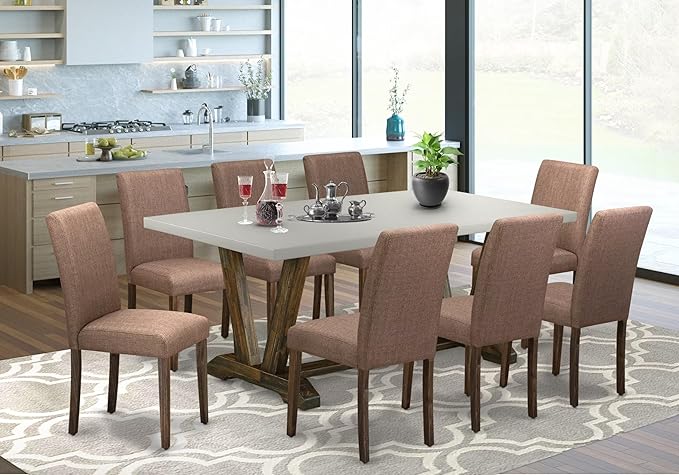 East West Furniture V797AB747-9 9 Piece Dining Table Set Includes a Rectangle Kitchen Table with V-Legs and 8 Light Sable Linen Fabric Upholstered Chairs, 40x72 Inch, Multi-Color
