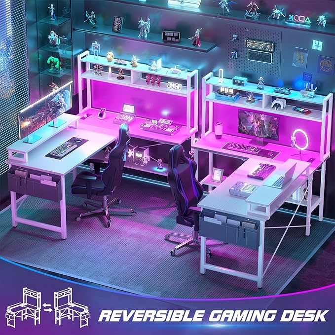 Aheaplus L Shaped Gaming Desk with Power Outlets & LED Lights, Small L- Shaped Desk Computer Corner Desk with Monitor Stand & Storage Shelf, Home Office Desk Writing Desk with Storage Bag, White