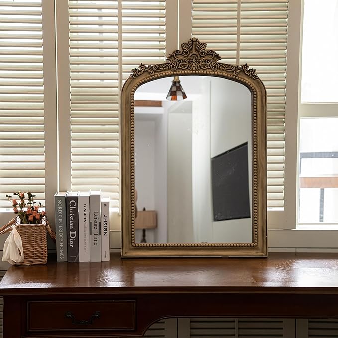 Distressed Vintage Gold Wall Mirror - 24x36 inch, Large Antique Fireplace Mantle Mirror, Baroque Ornate Decorative Bathroom Mirror | Solid Wood Pine