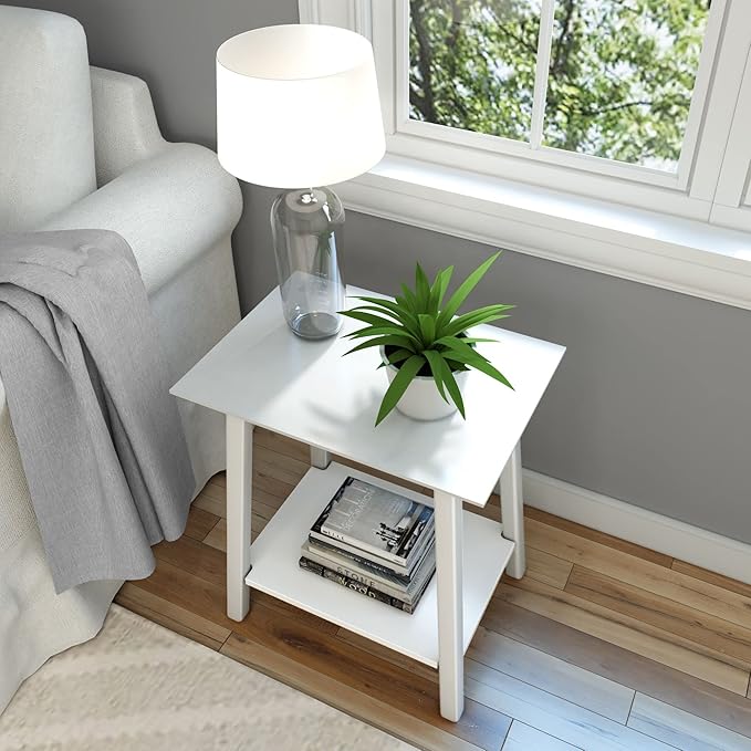 Plank+Beam Wooden Side Table with Storage, Mid Century Modern End Tables for Living Room, Small Solid Wood Nightstand, Bedside Tables, Bedroom Furniture, White