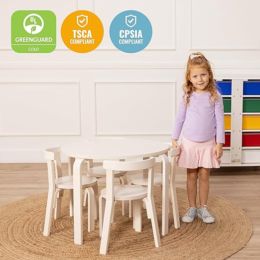 ECR4Kids Bentwood Round Table and Curved Back Chair Set, Kids Furniture, White Wash, 5-Piece