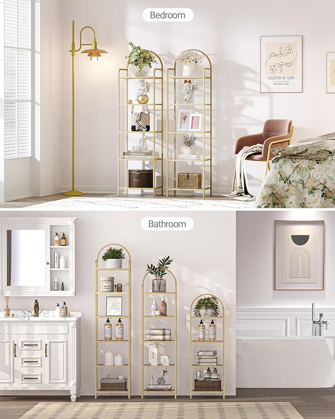 Bookcase Bookshelf, Tempered Glass Bookshelves, Slim Shelving Unit for Bedroom, Bathroom, Home Office, Steel Frame, 5 Tier Gold BC05001G