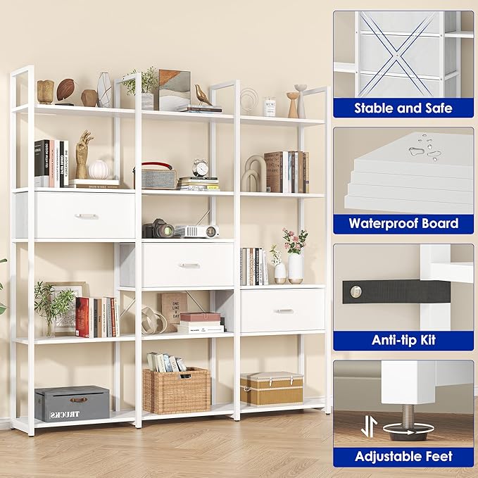 73.6" Tall Bookshelf with 3 Drawers and 16 Storage Shelves, Industrial Bookcase with 16 Open Display Shelves, Large Etagere Bookshelf, Triple Wide Book Shelf Book Case for Home & Office, White