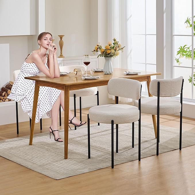 Dining Chairs Set of 4, White Boucle Dining Chair, Curved Backrest Upholstered Dining Room Chairs with Black Metal Legs, Mid Century Modern Dining Chairs for Kitchen, Living Room, White