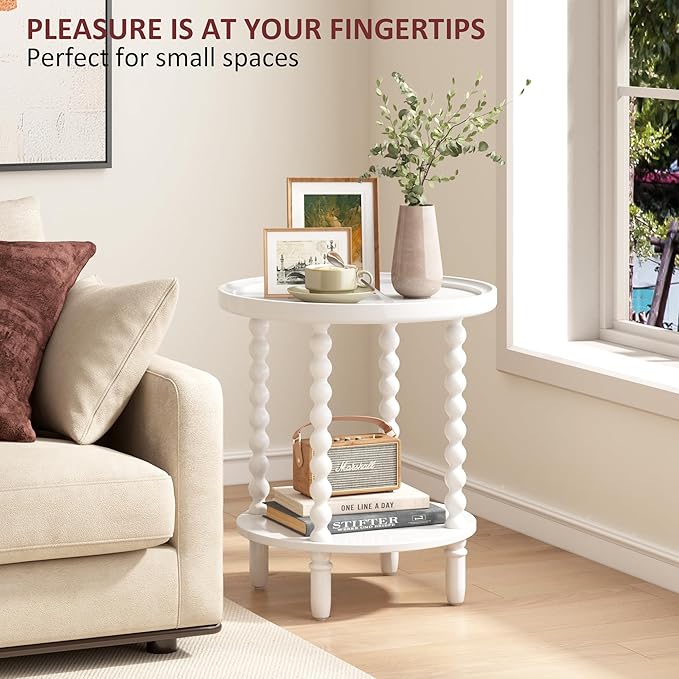 Gadroad Round End Table with Storage Shelf, 2 Tier Couch Side Table, Wood Coffee Table for Living Room, Bedroom, White 19.3 * 19.3 * 25.6 inches