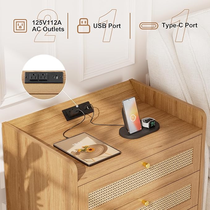 Rattan Nightstand with Charging Station, Night Stand with 3 Large Drawers, Side Table with USB Ports and Outlets, Bedside End Table for Bedroom