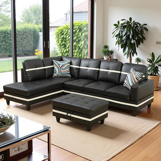 103.5" Oversized Sectional Couch, L Shaped Couch with Storage Ottoman, Modern Modular Sofa with Deep Seat, Sectional Couches for Living Room and Office, Black and White (PU Leather)