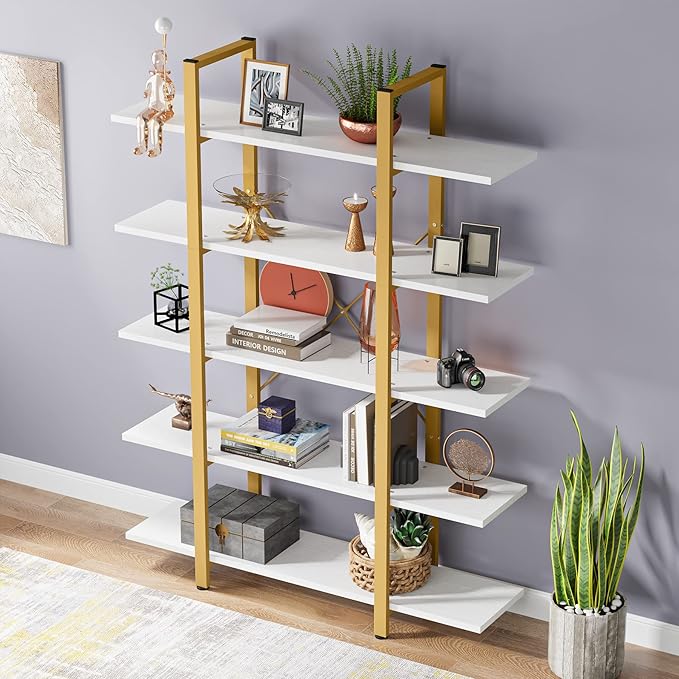 Tribesigns 5-Tier Bookshelf, Vintage Industrial Style Bookcase 70 ‘’ H x 12’’ W x 47’’L, Gold