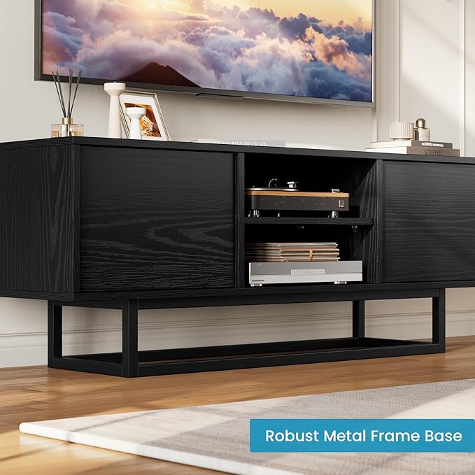 HAIOOU TV Stand for 50 55 Inch TV, Modern TV Console Small Entertainment Center with Sturdy Metal Base, Push-to-Open Doors and Soft-Close Hinges for Living Room, Bedroom - Wood Grain Black