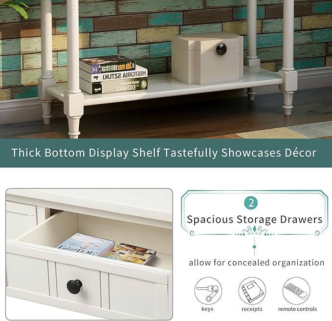 Bellemave Console Table with Drawers, Retro Entryway Table with 2 Drawers and Open Storage Shelf, Narrow Long Sofa Table, Behind Couch Table for Living Room, Foyer and Hallway, Ivory White