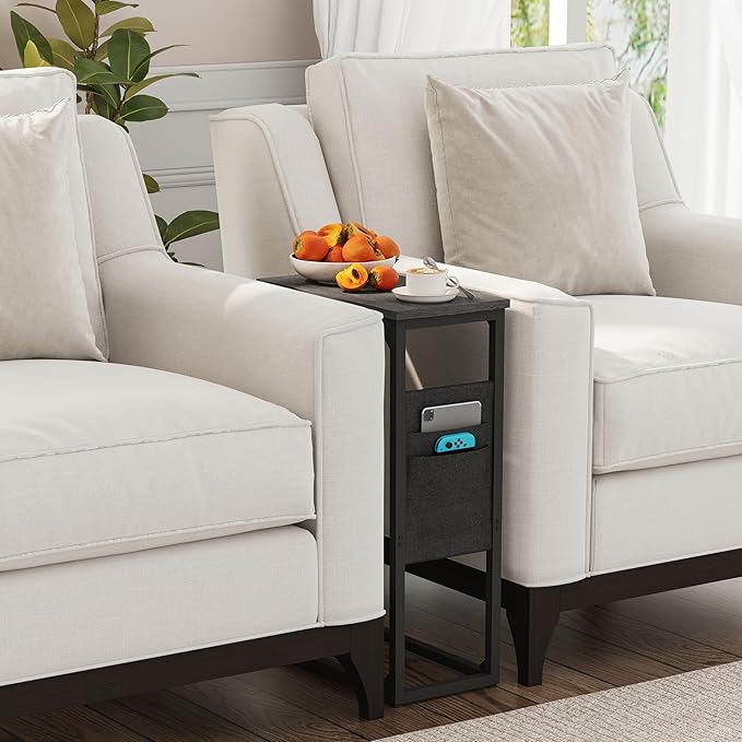 TUTOTAK C Shaped End Table, Side Table for Couch, Sofa Table with Storage Bag, TV Tray for Living Room, Bedroom, Black TB01BK082