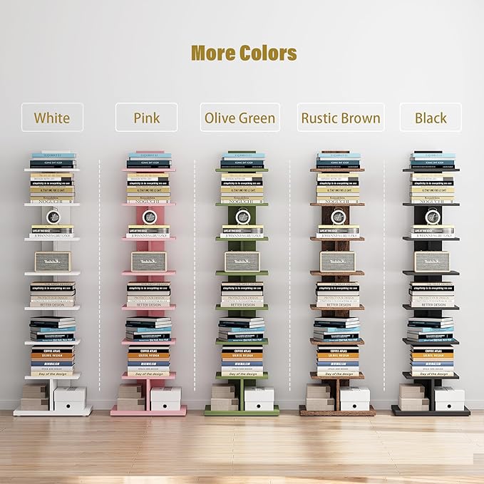 TUTOTAK Narrow Bookshelf, 8-Tier Bookcase, Spine Book Shelf for Small Space, Corner Standing Shelf for Living Room, Office, Study, Entryway, White BS06BW008
