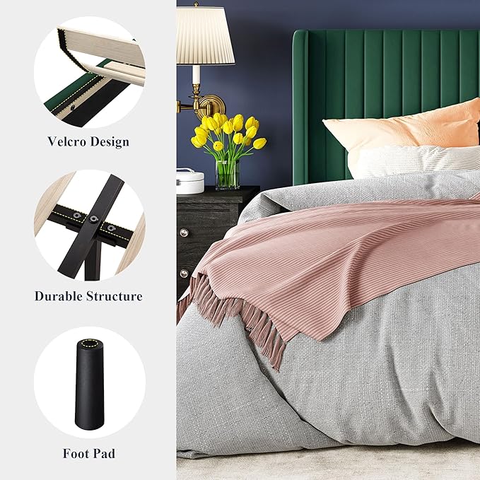 Allewie Queen Size Bed Frame/Velvet Upholstered Platform Bed/Vertical Channel Tufted Wingback Headboard/Strong Wooden Slats/No Box Spring Needed/Easy Assembly/Green