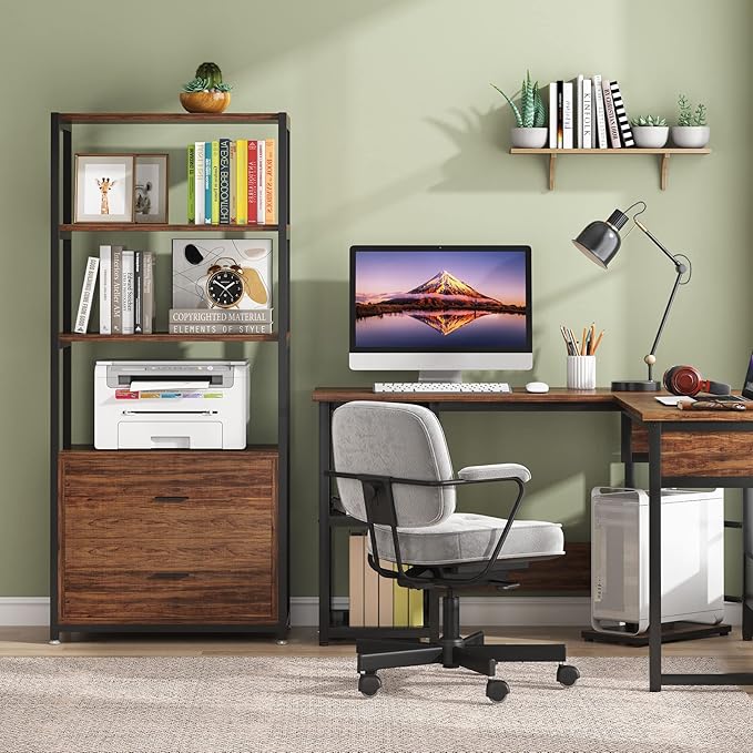 Tribesigns Bookcase, 4-Tier Rustic Bookshelf with 2 Drawers, Etagere Standard Book Shelves Display Shelf for Home Office