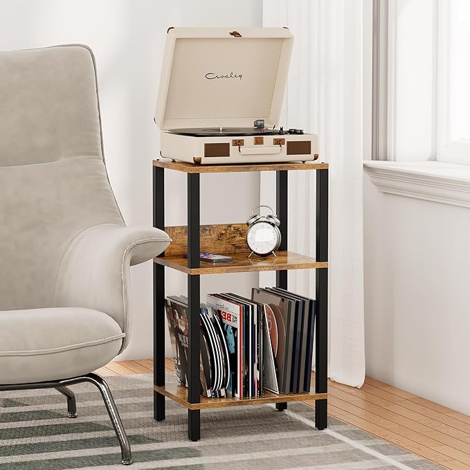 TUTOTAK Record Player Stand with Storage Up to 100 Albums,Record Storage Table,3 Tier End Table,Side Table for Living Room, Bedroom, Brown TB01BB075
