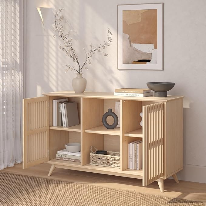 Plank+Beam Mid-Century Modern Wood TV Stand, Solid Wood Entertainment Console with Storage, 49" L x 16" W x 30" H, Blonde