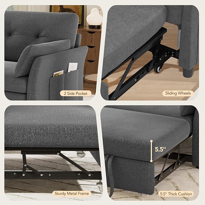 Vipbear 3-in-1 Chenille Convertible Sofa Bed, Pull Out Sleeper Sofa with Reclining Backrest & Side Pocket, Tool-Free Assembly, Folding Loveseat for Living Room, Apartment, Grey