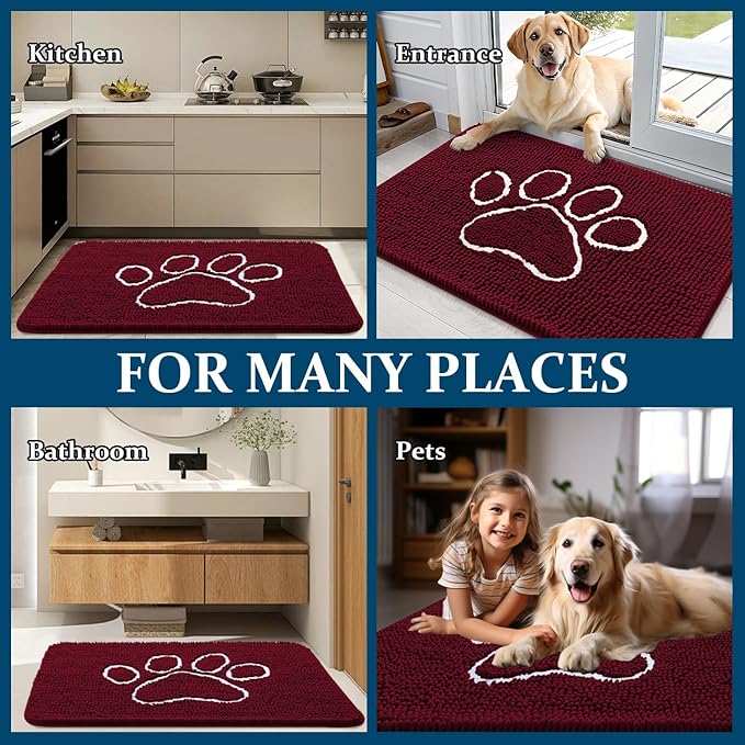 OLANLY Door Mat for Muddy Dog Paws 40x32, Ultra Absorbent Chenille Mud Doormat with Paw Print Design, Non-Slip Washable Doormat for Indoor Entryway, Quick-Dry Pet Bed Mats for Dirty Dogs, Burgundy