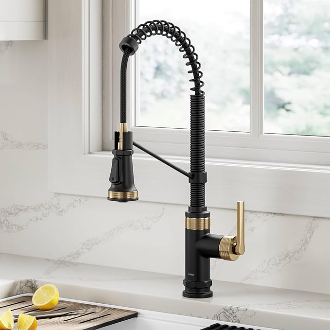KRAUS Allyn Commercial Style 2-Function Single Handle Pull Down Kitchen Faucet in Spot-Free Brushed Brass/Matte Black, KPF-4110BBMB
