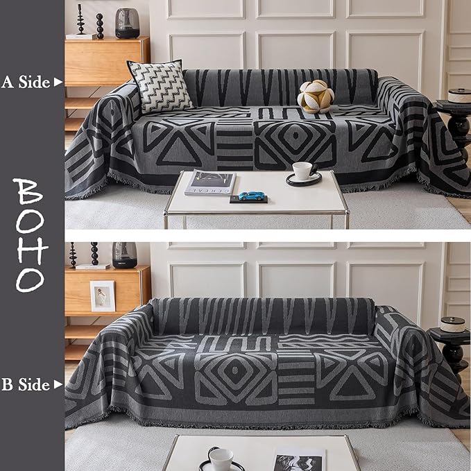 HANDONTIME Boho Geometric Couch Covers for Sofa Pet Friendly Dark Grey and Black Sofa Covers Washable Chenille Couch Blanket Cover for 3 Cushion Couches Pet Protector Furniture Cover Soft, 71" X 150"