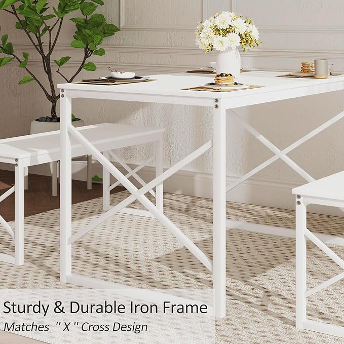VECELO Dining Table with 2 Benches for 4, 43.3'' Wood Kitchen Room Dinette Sets with Metal Frame for Breakfast Nook and Small Space, White