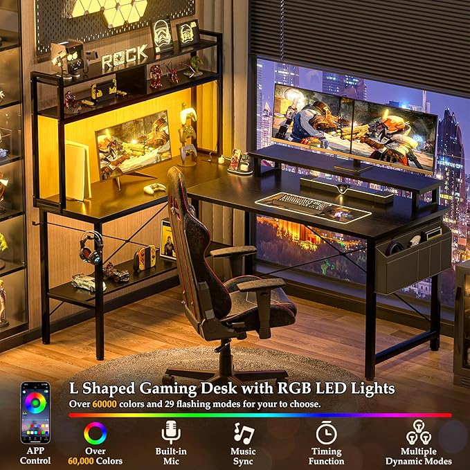 Aheaplus L Shaped Gaming Desk with Power Outlets & LED Lights, Small L- Shaped Desk Computer Corner Desk with Monitor Stand & Storage Shelf, Home Office Desk Writing Desk with Storage Bag, Black